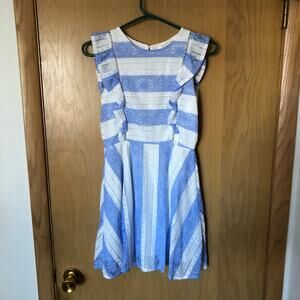 $199 J.O.A. Los Angeles Blue Stripe Eyelet Ruffle Apron Mini Dress Size XS NWT